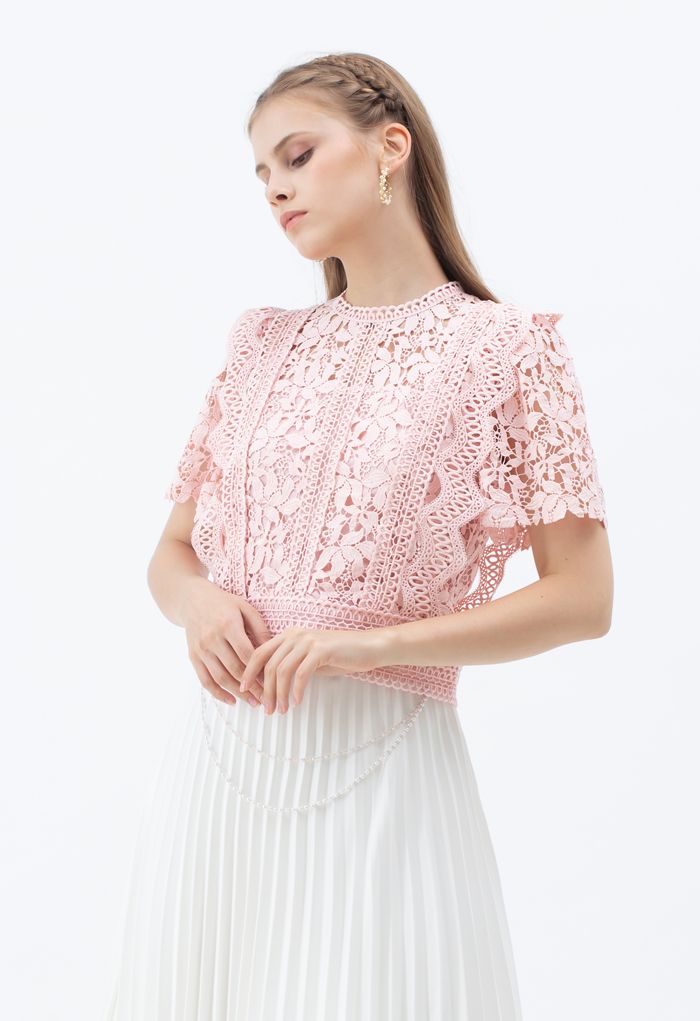 Lush Leaves Crochet Top in Pink