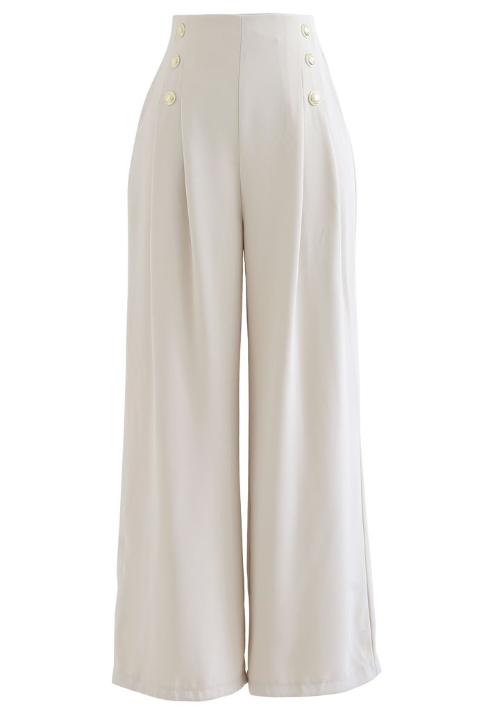 Golden Button Decorated Pleated Pants in Ivory