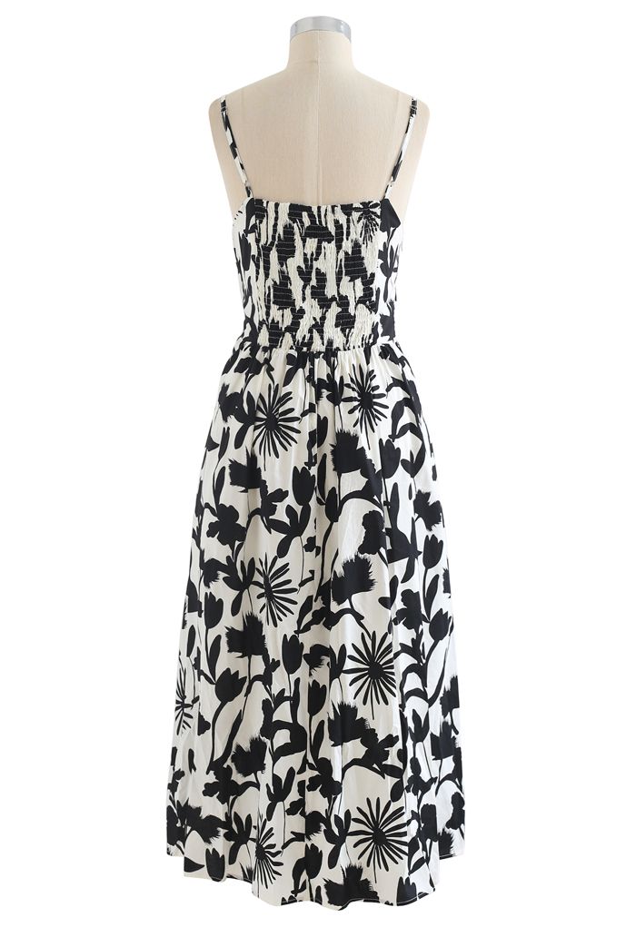 Tropical Print Knot Shirred Cami Dress in Black