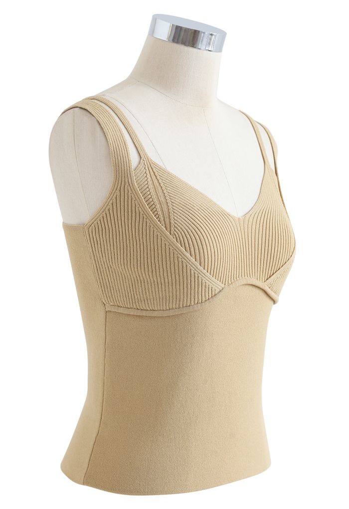 Fake Two-Piece Fitted Knit Tank Top in Light Tan