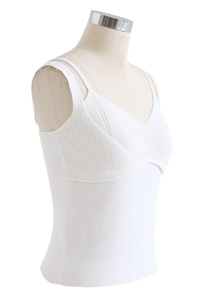 Fake Two-Piece Fitted Knit Tank Top in White