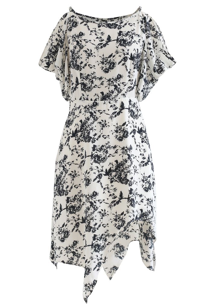 Sketch Floral Print Cold-Shoulder Asymmetric Dress - Retro, Indie and ...