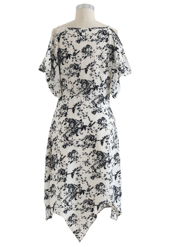 Sketch Floral Print Cold-Shoulder Asymmetric Dress - Retro, Indie and ...