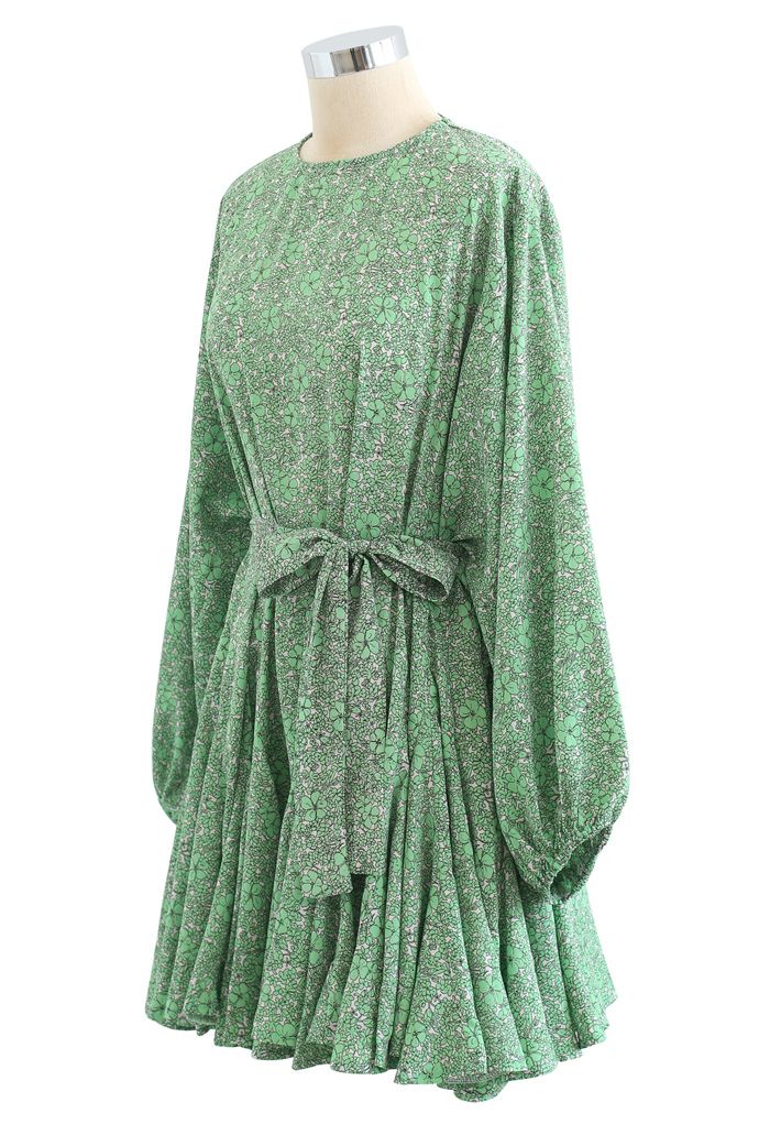 Green Floret Bubble Sleeves Frilling Dress - Retro, Indie and Unique ...