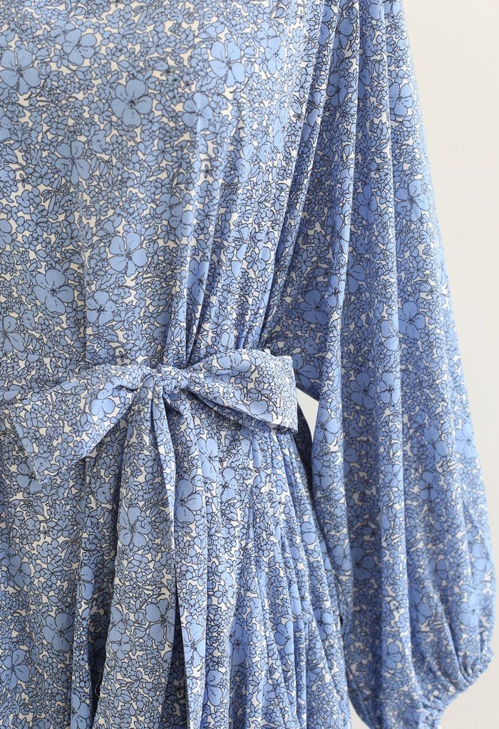 Blue Floret Bubble Sleeves Frilling Dress