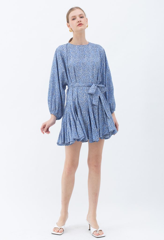 Blue Floret Bubble Sleeves Frilling Dress - Retro, Indie and Unique Fashion
