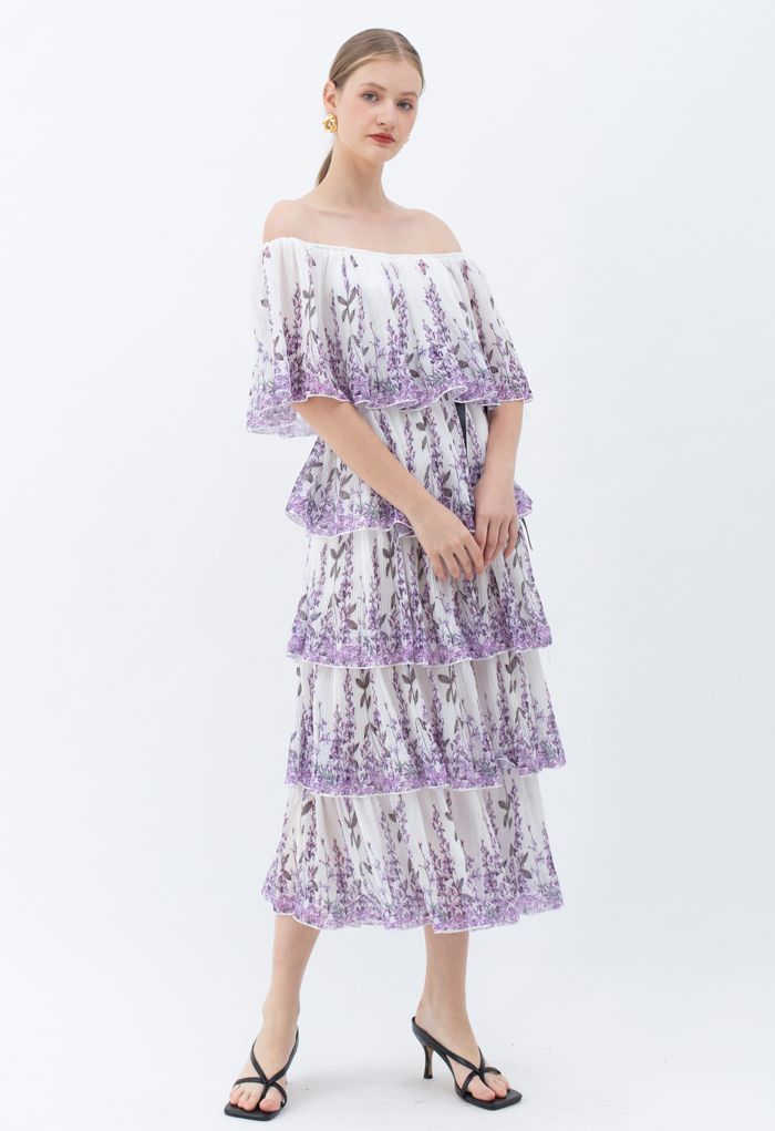 Precipice Derive couscous Lavender Printed Pleated Off-Shoulder Tiered Dress in White - Retro, Indie  and Unique Fashion