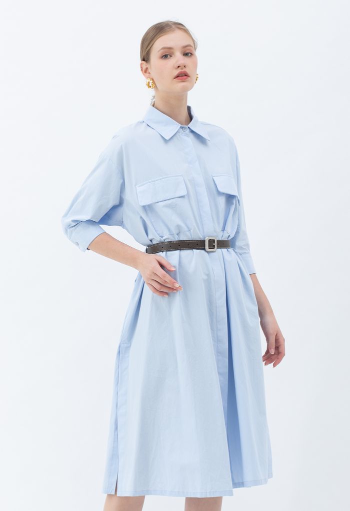 Button Down Belted Cotton Shirt Dress in Sky Blue - Retro, Indie and ...