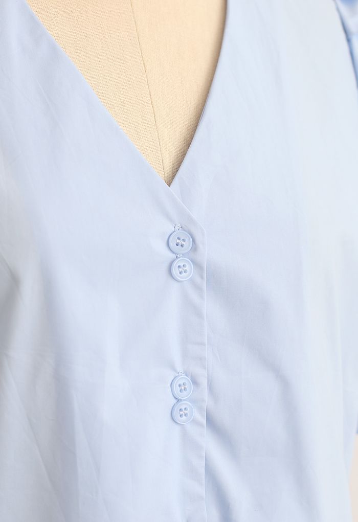 Sky Blue Puff Short Sleeve V-Neck Buttoned Top