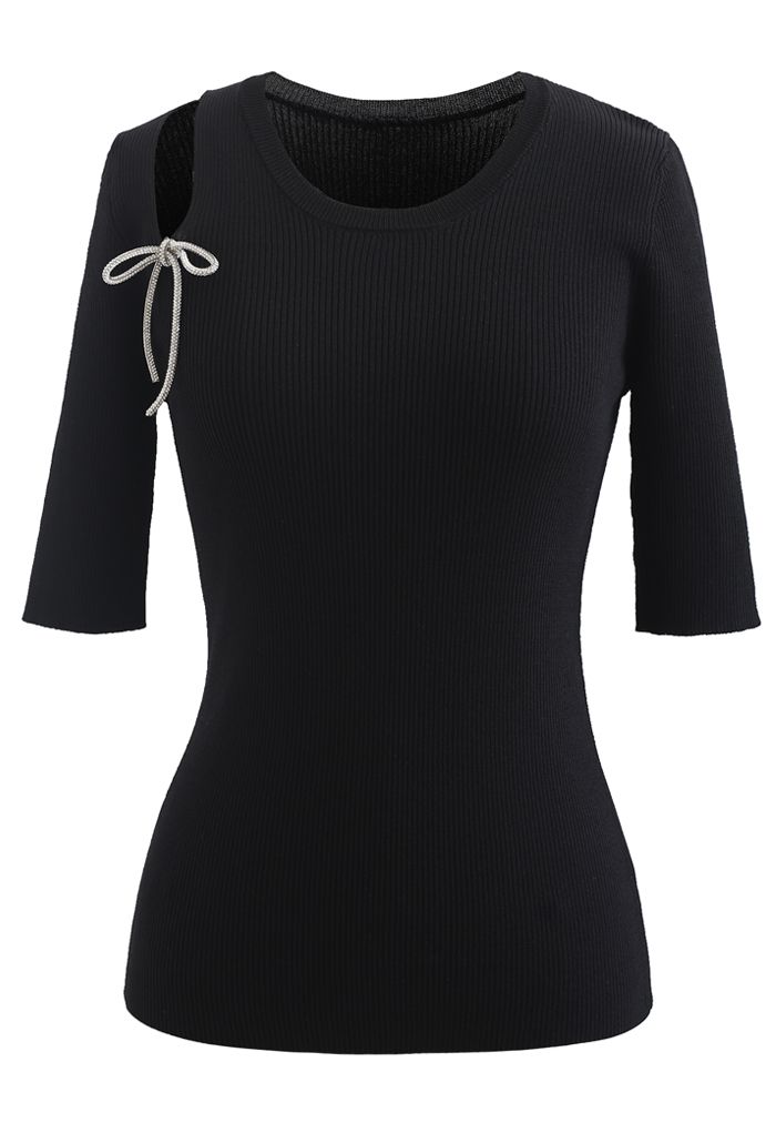 Shoulder Cutout Bowknot Rib Knit Top in Black - Retro, Indie and Unique ...