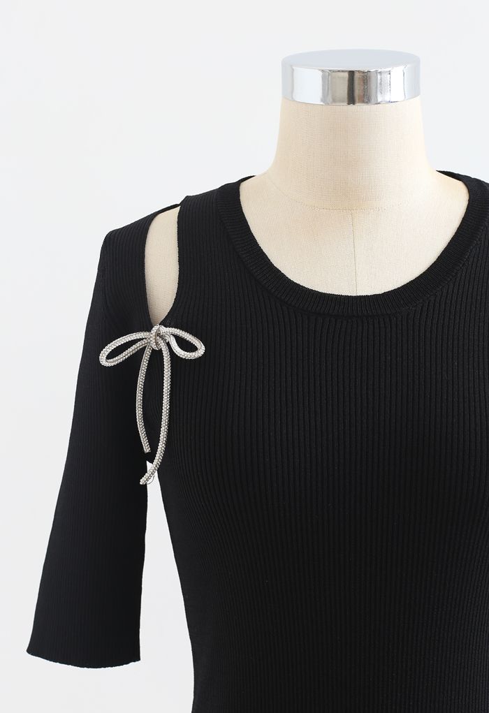 Shoulder Cutout Bowknot Rib Knit Top in Black - Retro, Indie and Unique ...
