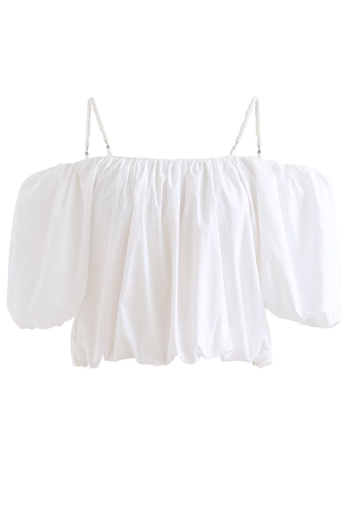 Bubble Sleeve Cold-Shoulder Crop Top in White