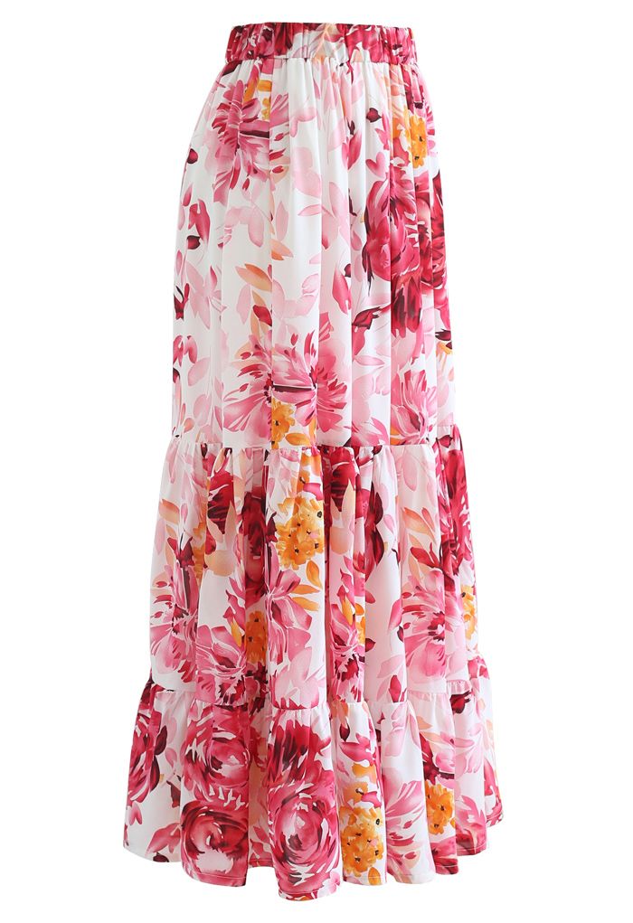 Blooming Peony Watercolor Frill Hem Maxi Skirt in White - Retro, Indie ...