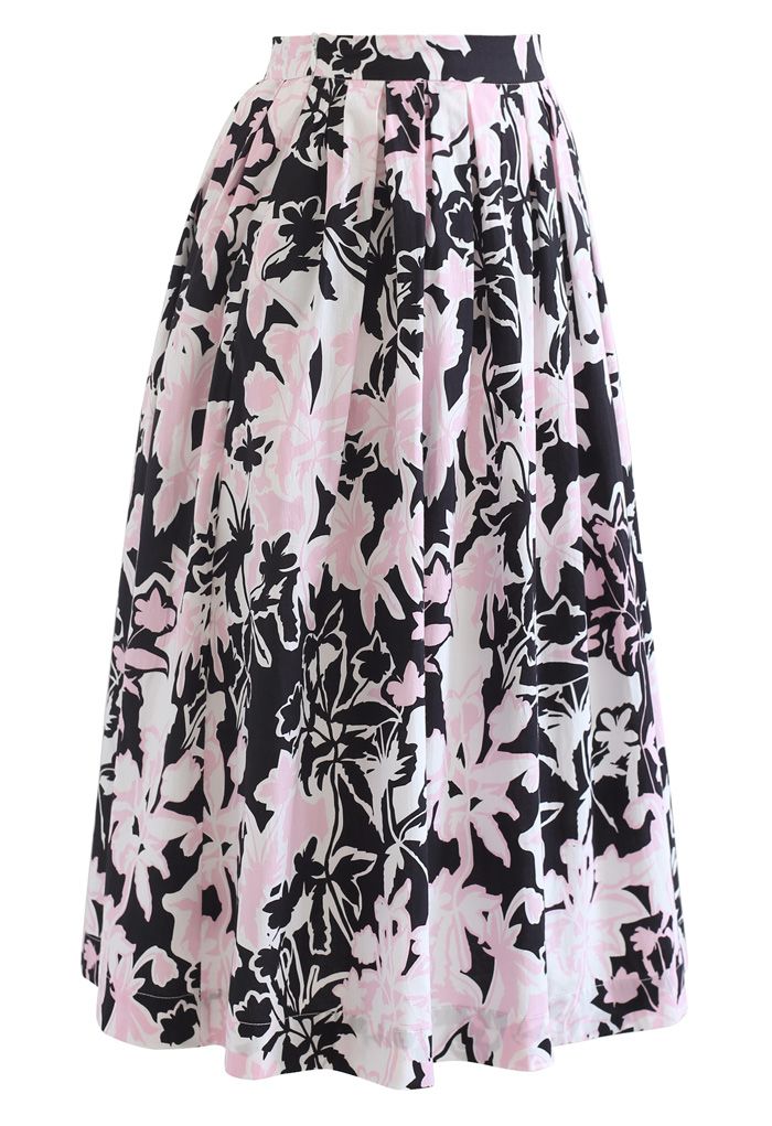 Summer Floral Print Pleated Midi Skirt in Black - Retro, Indie and ...