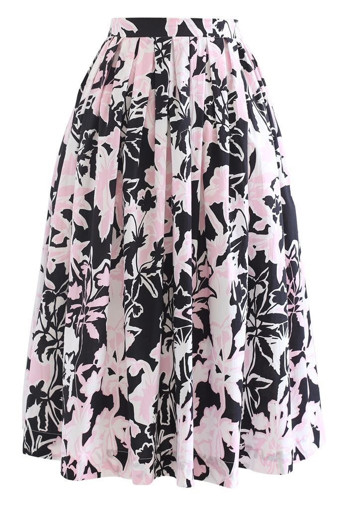 Summer Floral Print Pleated Midi Skirt in Black - Retro, Indie and ...