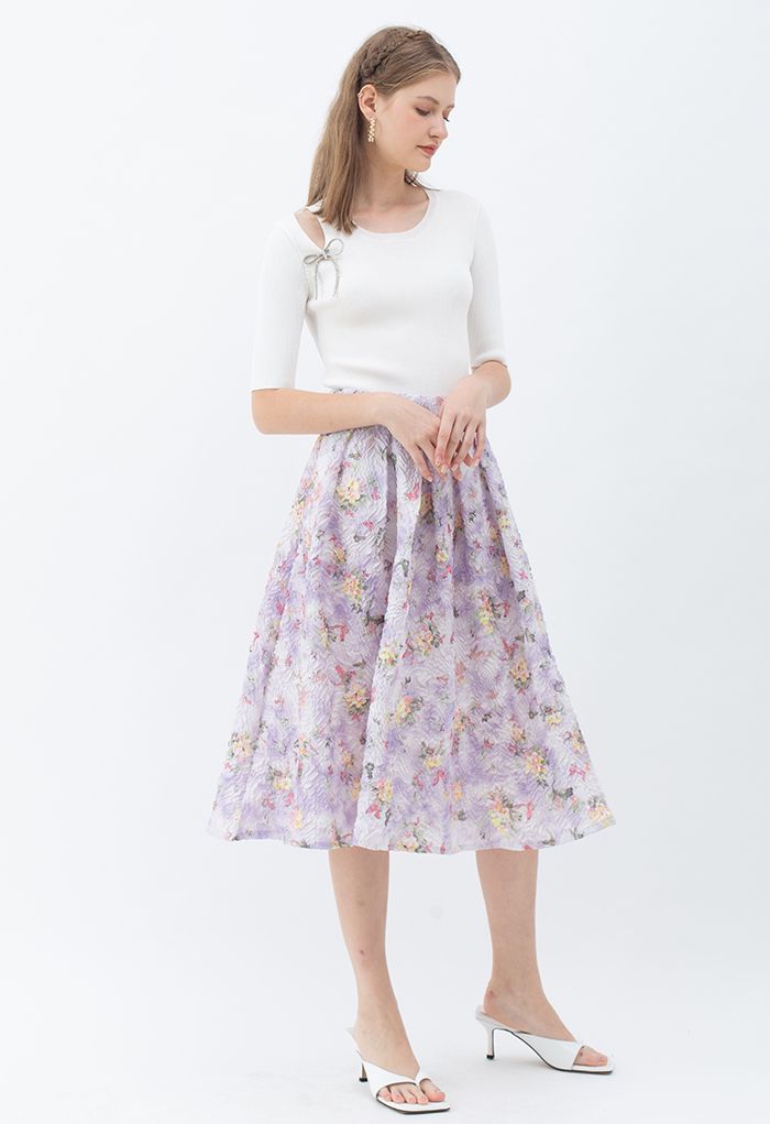 Lavender Garden Embossed Pleated Midi Skirt