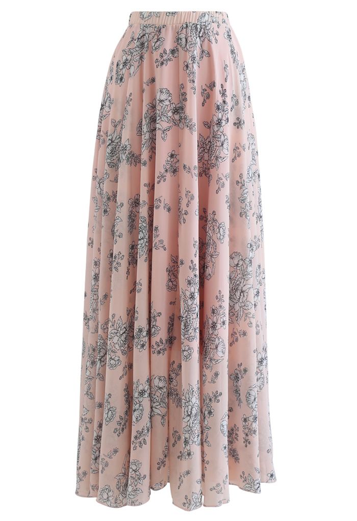 Sketch Peony Chiffon Maxi Skirt in Pink - Retro, Indie and Unique Fashion