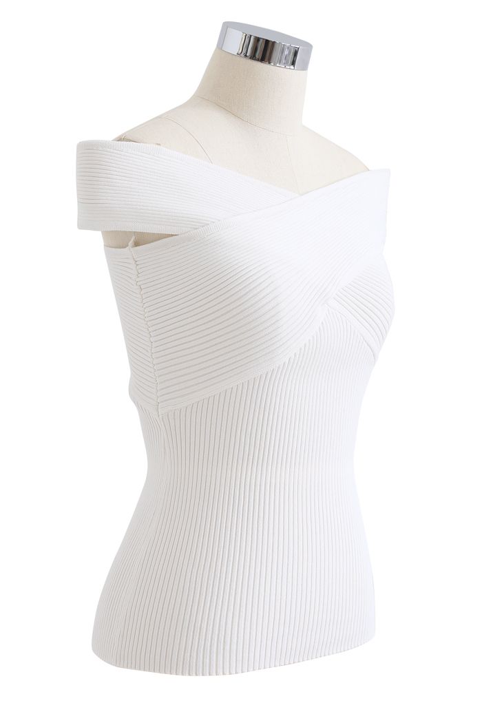 Crisscross Ribbed Sleeveless Knit Top in White  
