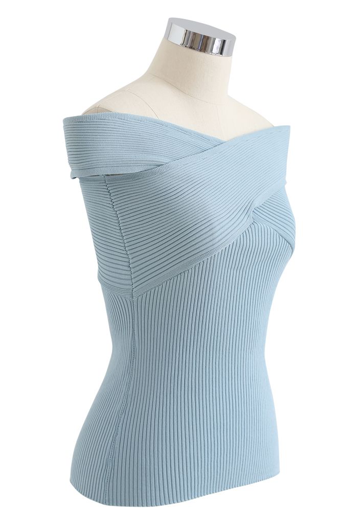Crisscross Ribbed Sleeveless Knit Top in Blue