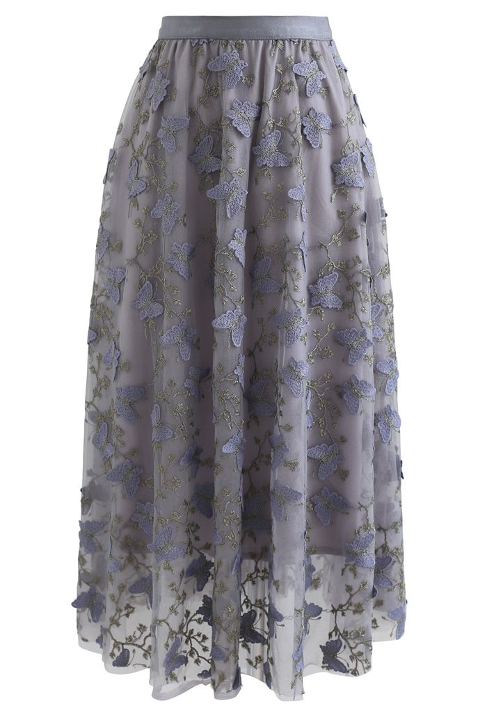 3D Butterfly Embroidered Double Layered Tulle Skirt in Grey