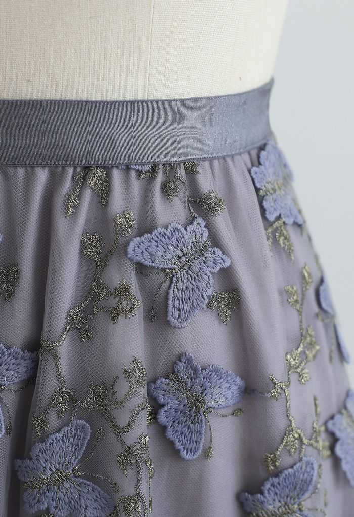 3D Butterfly Embroidered Double Layered Tulle Skirt in Grey