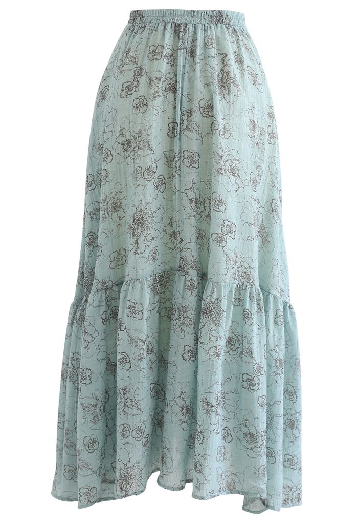 Aesthetic Floral Frill Hem Maxi Skirt in Teal - Retro, Indie and Unique ...