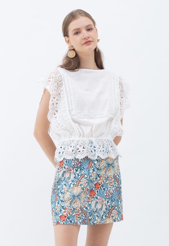 Tulip Print Embossed Bud Skirt in Blue - Retro, Indie and Unique Fashion
