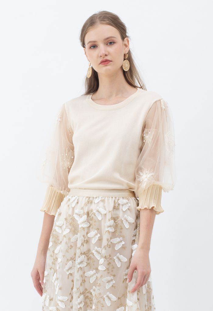 Firework Embroidered Mesh Sleeve Knit Top in Cream