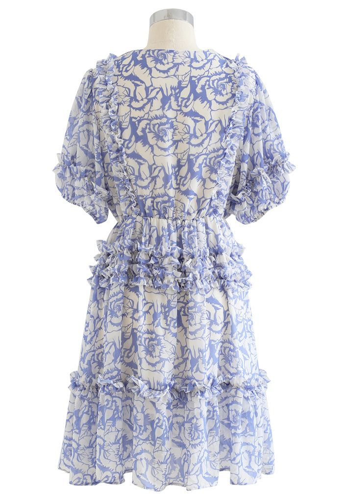 Rose Print Ruffle Detail Chiffon Dress in Blue - Retro, Indie and ...
