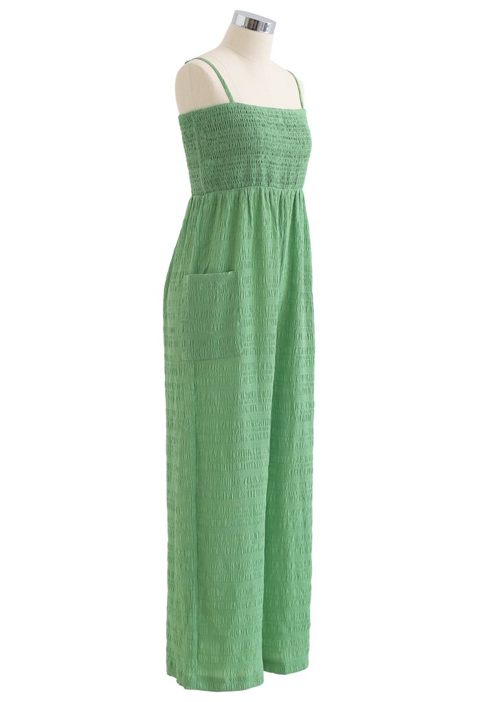 Solid Green Shirred Cami Jumpsuit