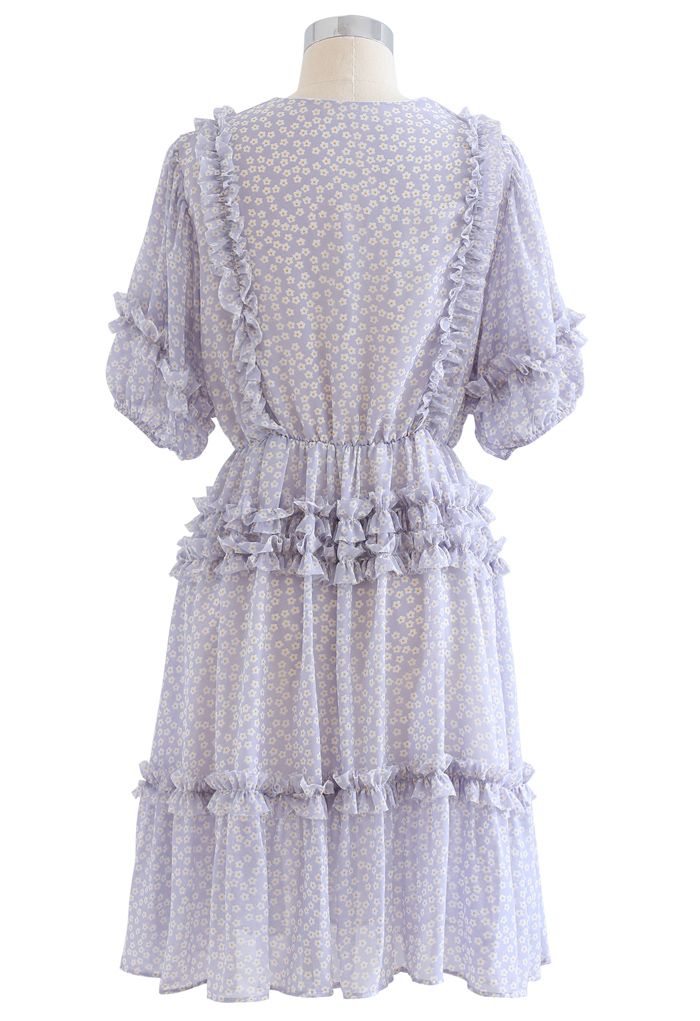 Daisy Print Ruffle Detail Chiffon Dress in Lilac - Retro, Indie and ...