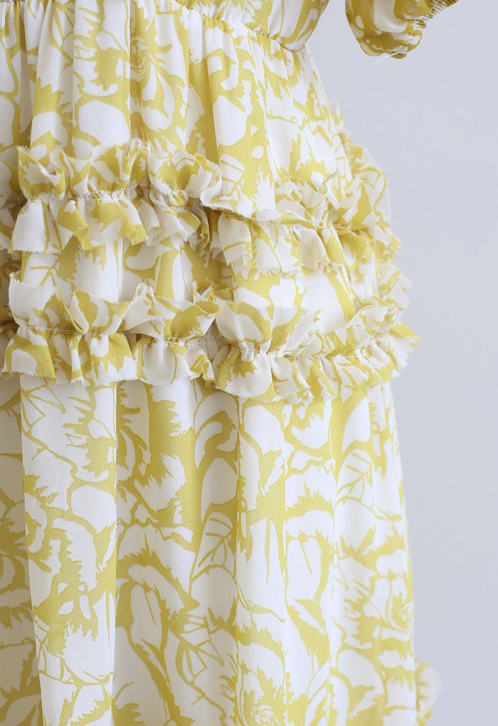 Rose Print Ruffle Detail Chiffon Dress in Mustard - Retro, Indie and ...