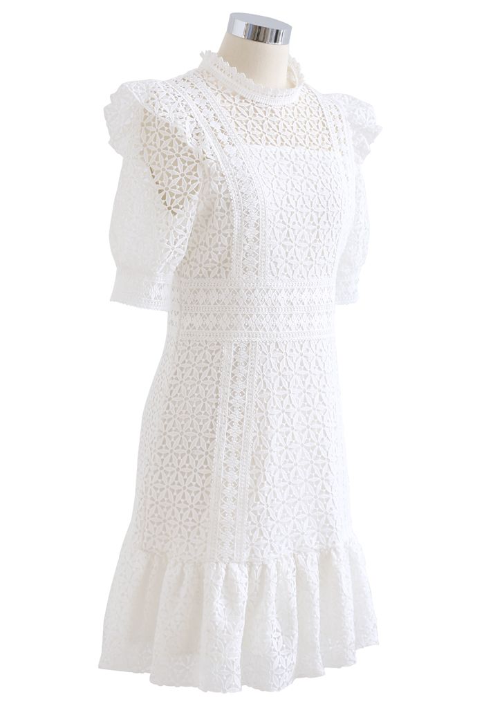 High Neck Full Crochet Mini Dress in White - Retro, Indie and Unique ...