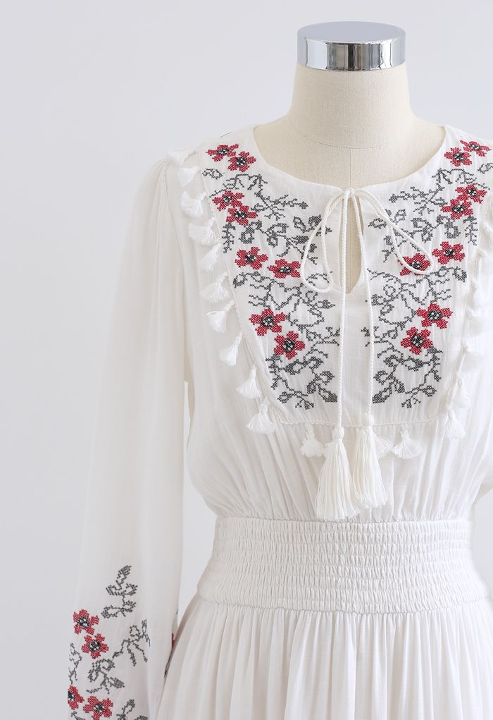 Floral Embroidered Tassel Boho Dress