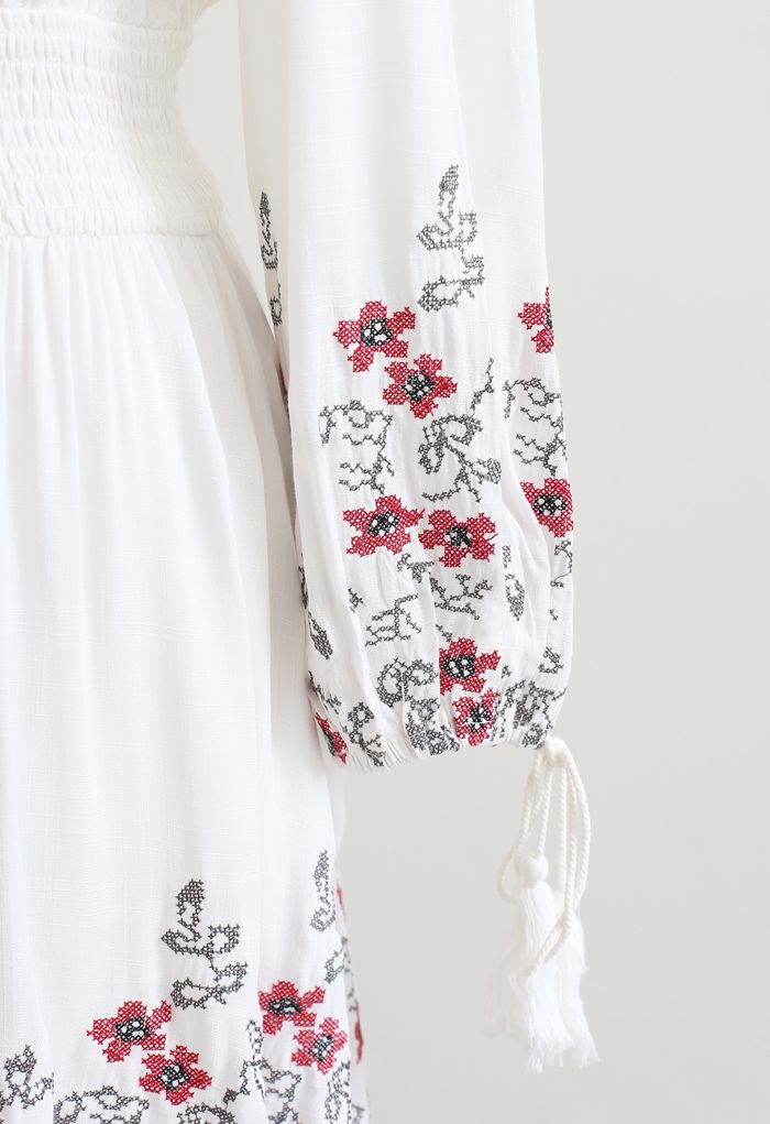 Floral Embroidered Tassel Boho Dress