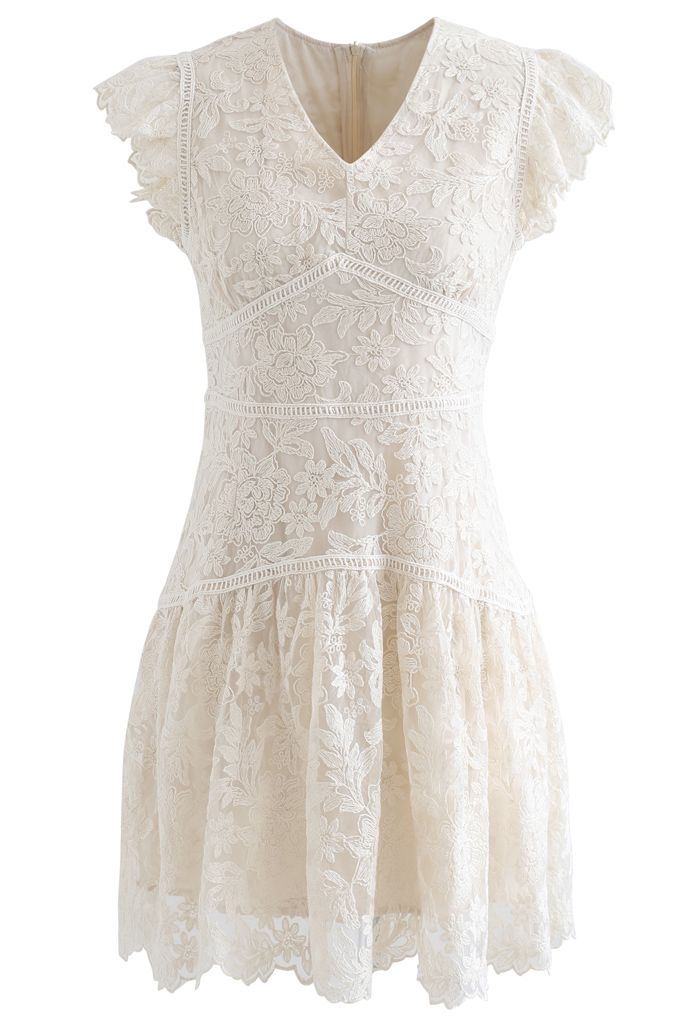 Embroidered Floral Sleeveless Mini Dress in Cream