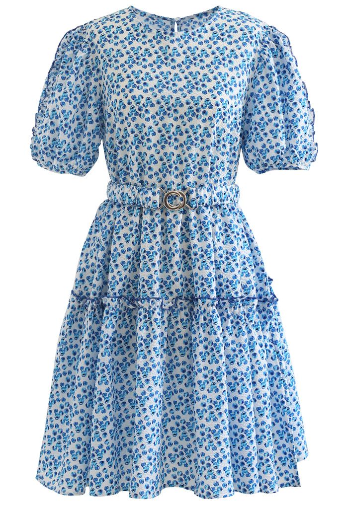 Flower Bud Embossed Ruffle Dress in Blue - Retro, Indie and Unique Fashion