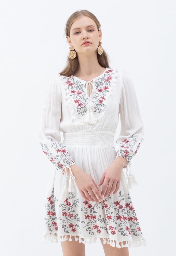 Floral Embroidered Tassel Boho Dress - Retro, Indie and Unique Fashion