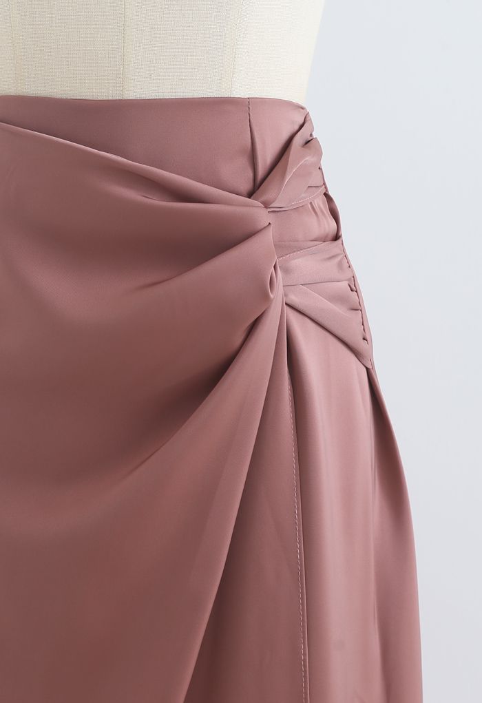 Twist Flap Asymmetric Satin Midi Skirt in Coral