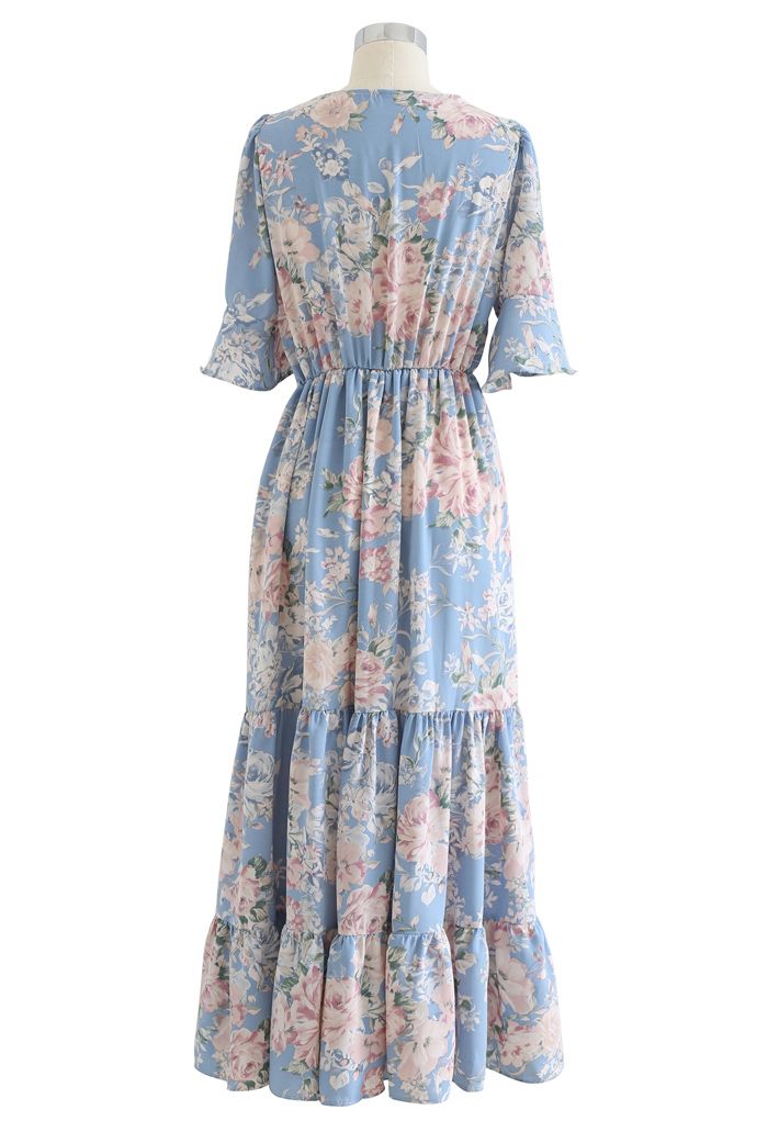 Luxuriant Flower Frilling Wrap Dress in Blue - Retro, Indie and Unique ...