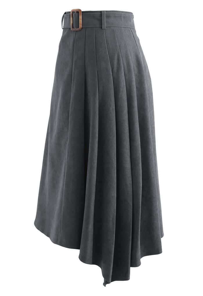 Side Pleats Belted Asymmetric Midi Skirt in Grey