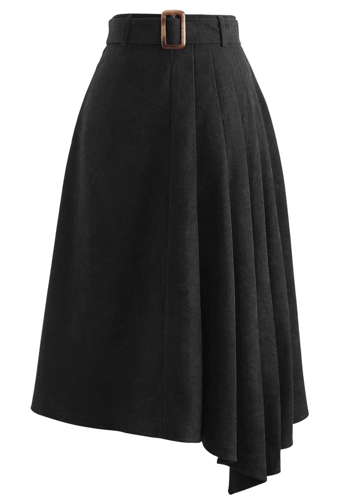 Side Pleats Belted Asymmetric Midi Skirt in Black