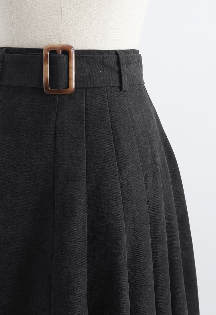Side Pleats Belted Asymmetric Midi Skirt in Black - Retro, Indie and ...