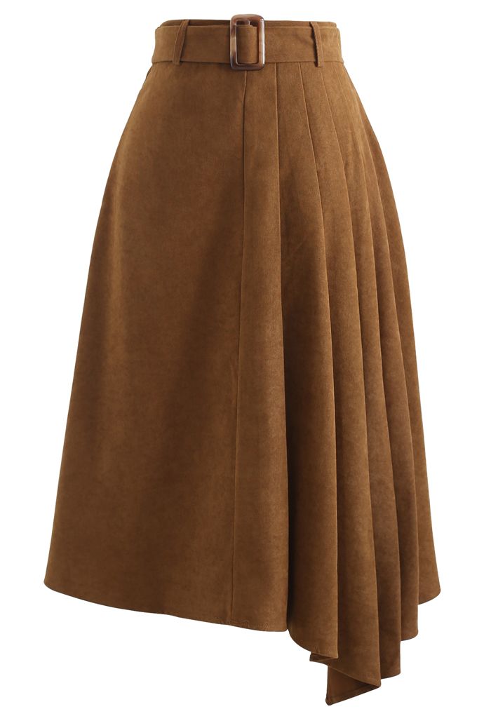 Side Pleats Belted Asymmetric Midi Skirt in Caramel