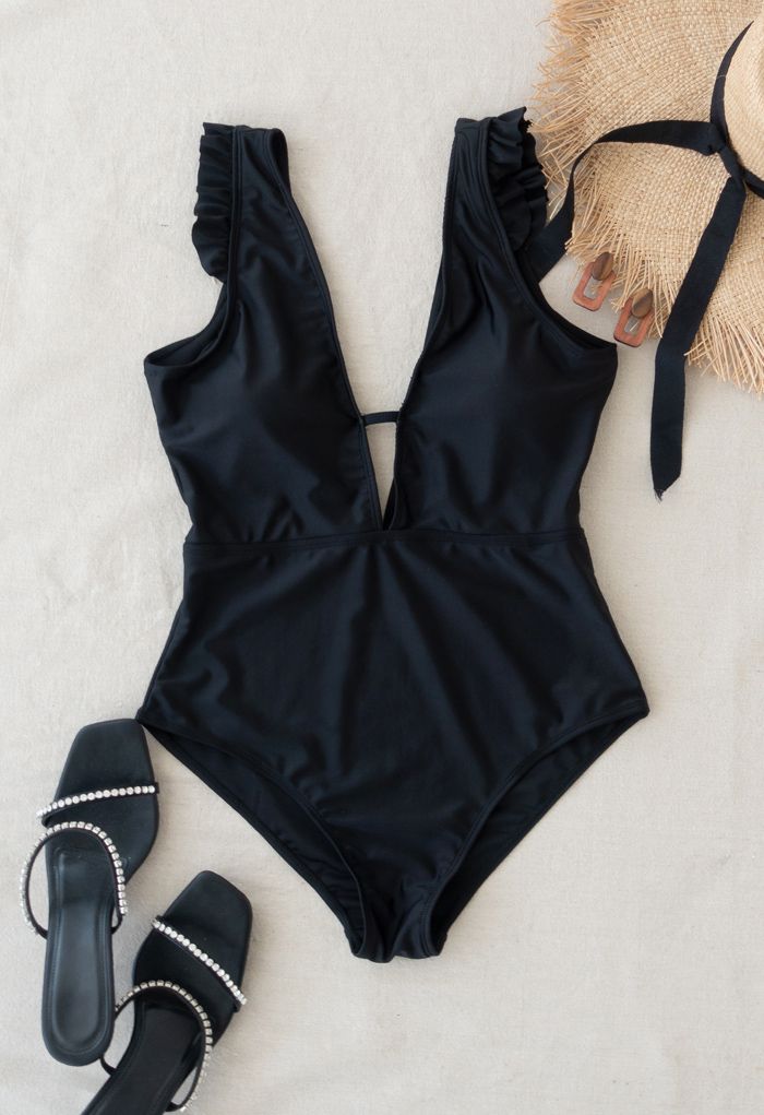Solid Black Ruffle Detail Swimsuit for Mommy & Kids