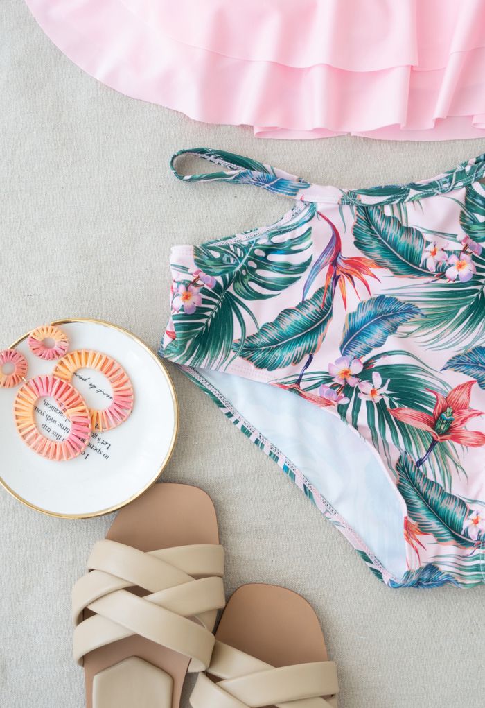 Tiered Shoulder Tropical Print Bikini Set for Mommy & Kids