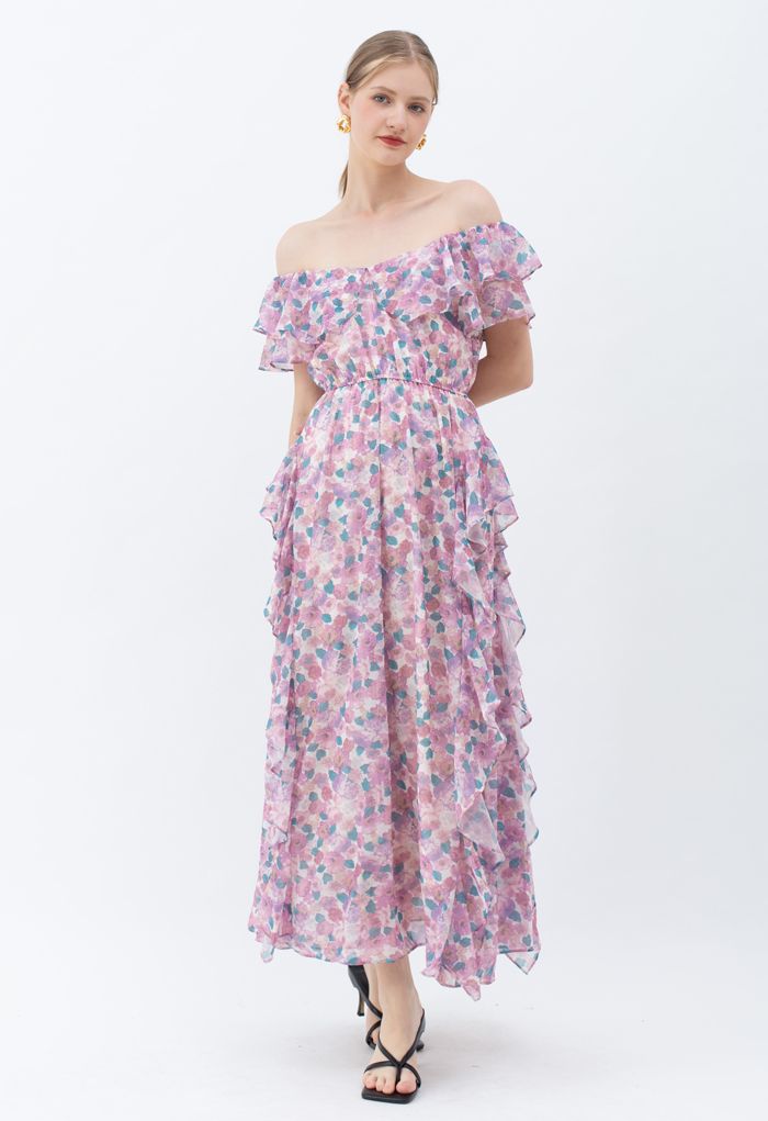Lilac Floral Asymmetric Ruffle Off-Shoulder Maxi Dress - Retro, Indie ...