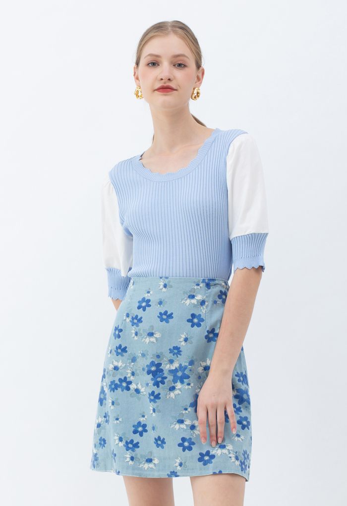 Spliced Mid Sleeve Fitted Knit Top in Baby Blue