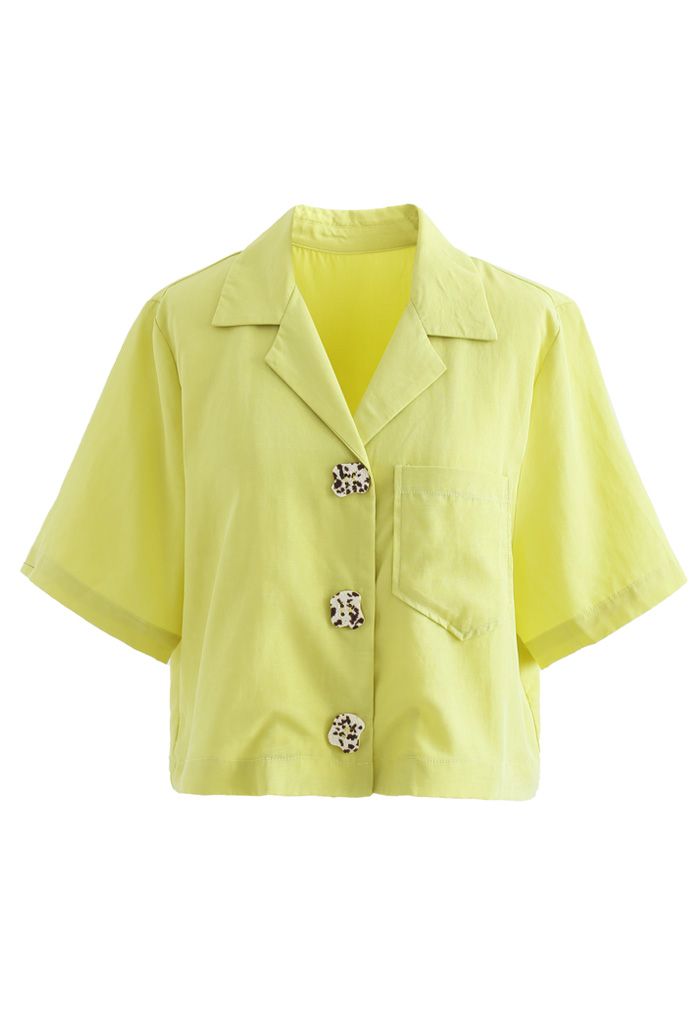Notch Lapel Pocket Buttoned Crop Shirt in Yellow