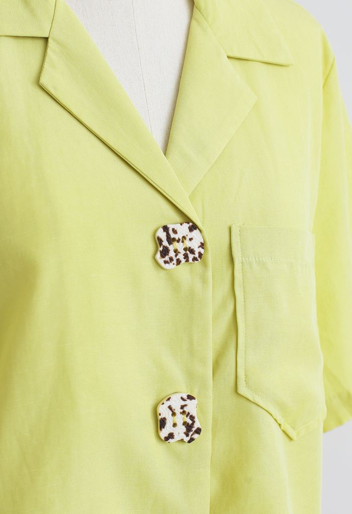 Notch Lapel Pocket Buttoned Crop Shirt in Yellow
